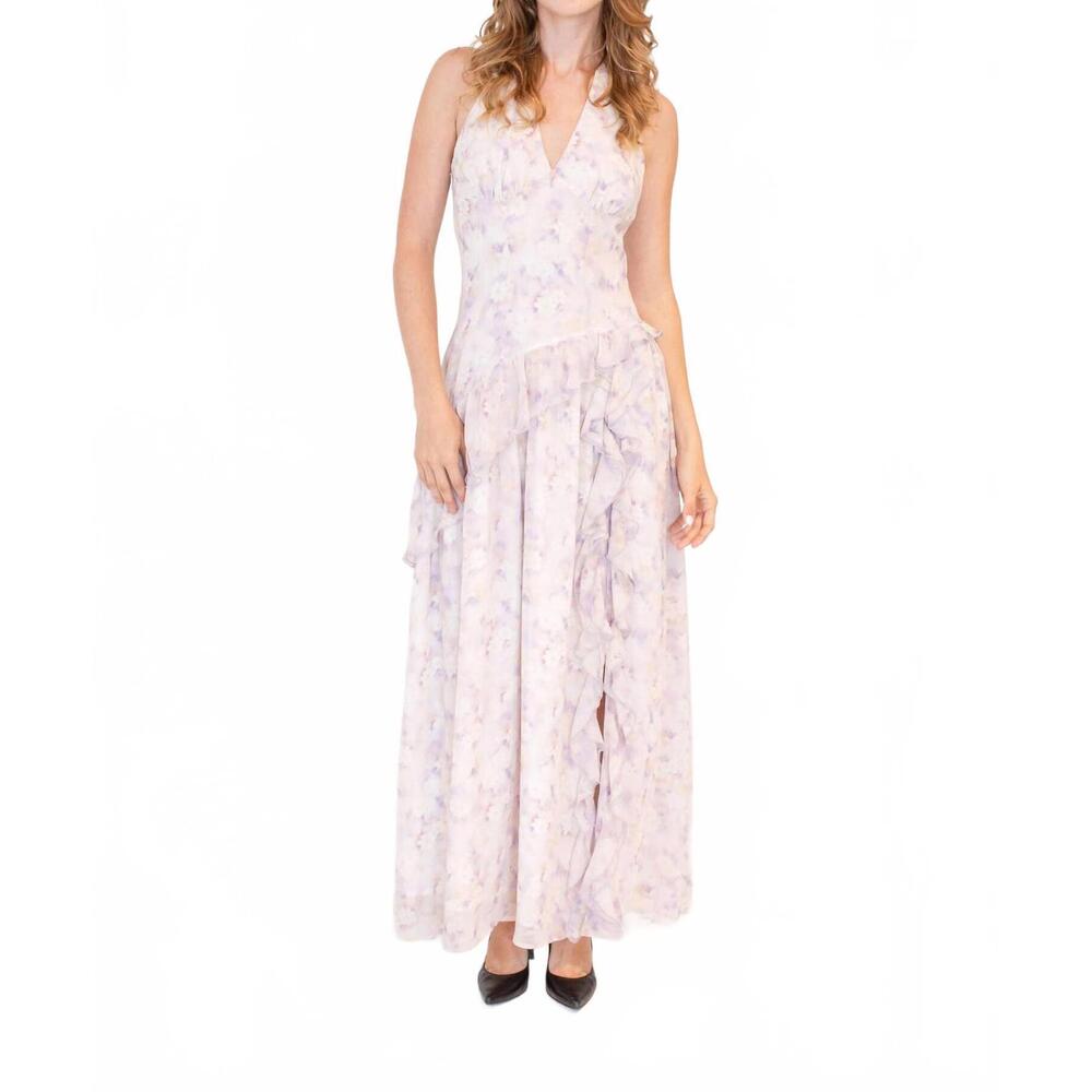 NEW KESTAN lola halter maxi dress in white/purple